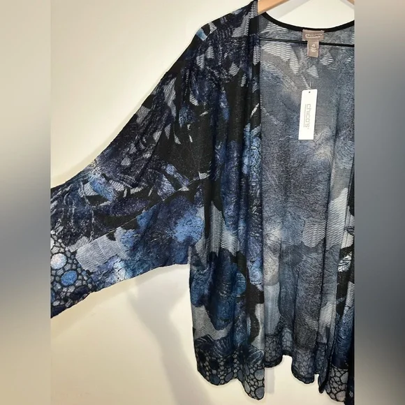Chico's Knit Jacquard Duster Open Front Cardigan XXL Blue Burnout Knit Elbow SLV - Picture 2 of 11